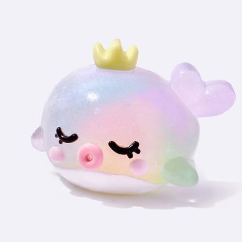 Kawaii pastel rainbow whale squishy with a tiny crown