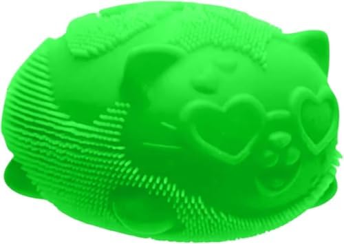 Green fuzzy cat squishy ball with heart glasses, slow rising squeeze stress toy