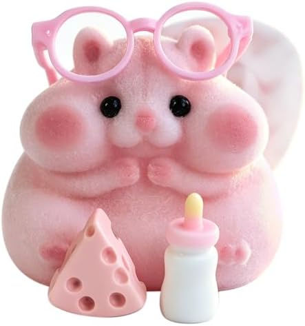 Pink flocked hamster squishy with glasses and cheese wedge