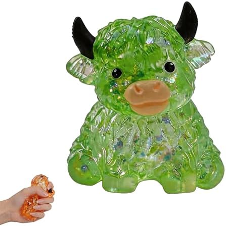 Green crystal jelly bead filled highland cow squishy