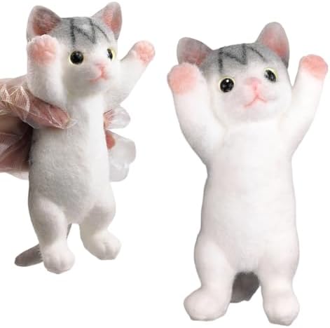 Gray tabby dancing cat squishy with raised paws, flocked slow rising stress toy