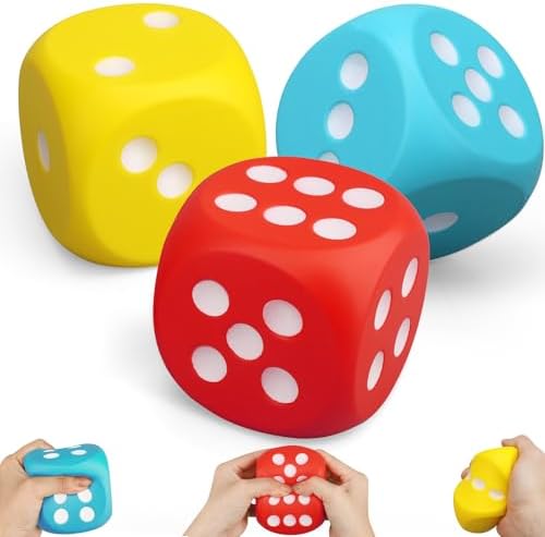 Yellow, teal and red soft foam dice squishy 3 pack