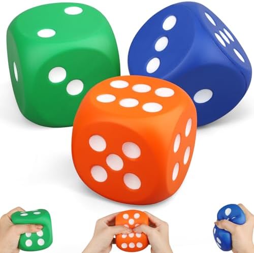 Green, blue and orange foam dice squishy set of 3