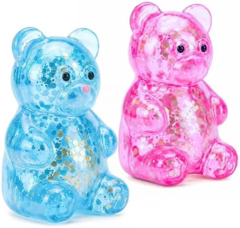 Two pack blue and pink glitter bear squishy squeeze toys