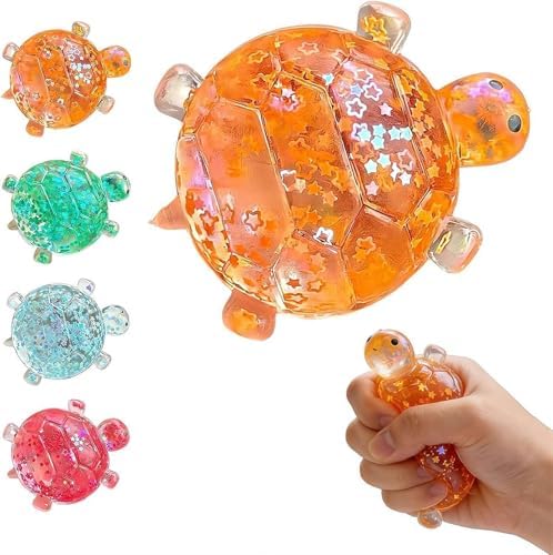 Orange glitter turtle squishy filled with sparkling stars