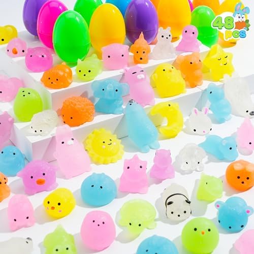 48 glitter mochi egg squishies with plastic eggs