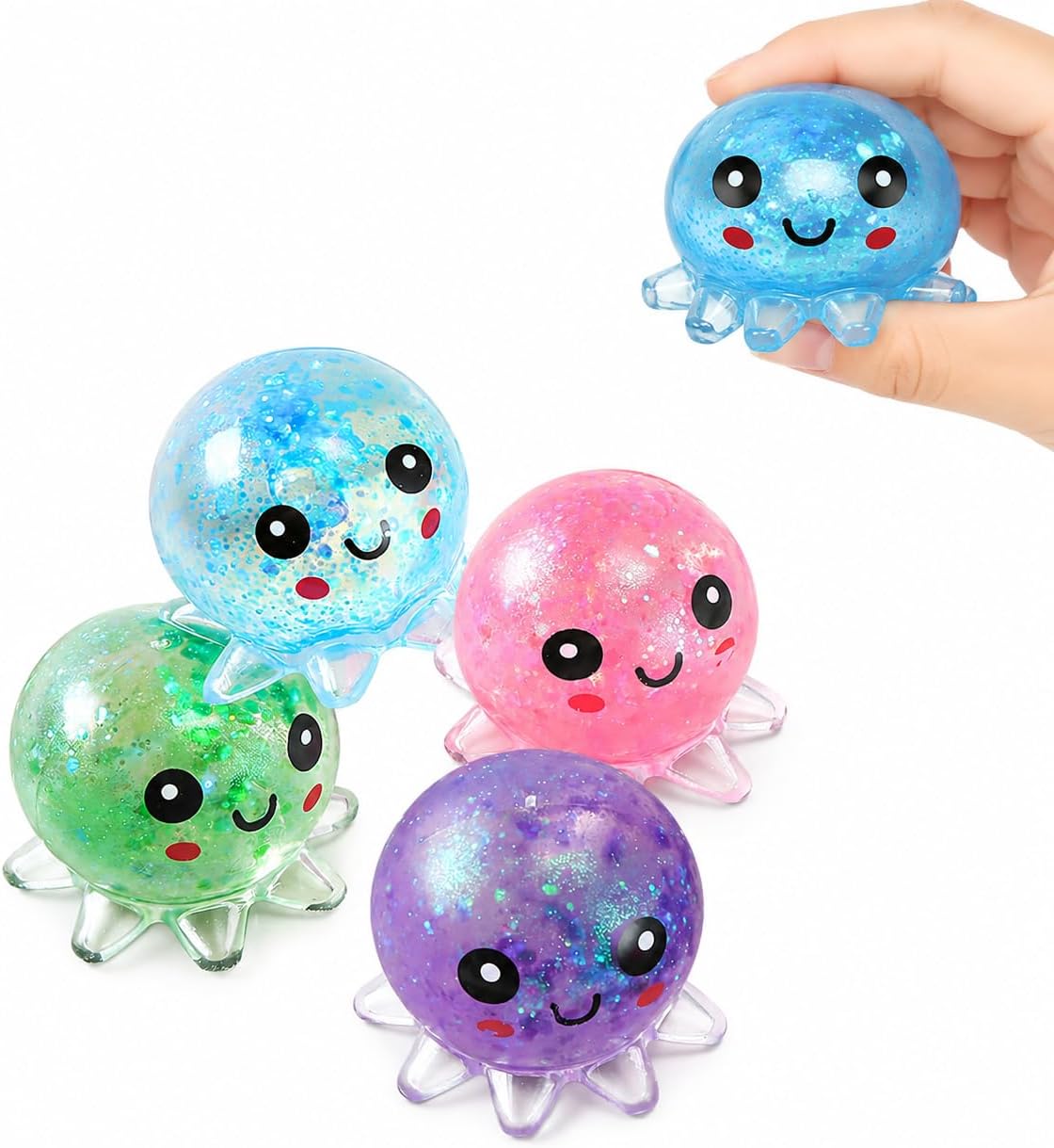 Set of 4 glitter octopus squishy sensory stress balls