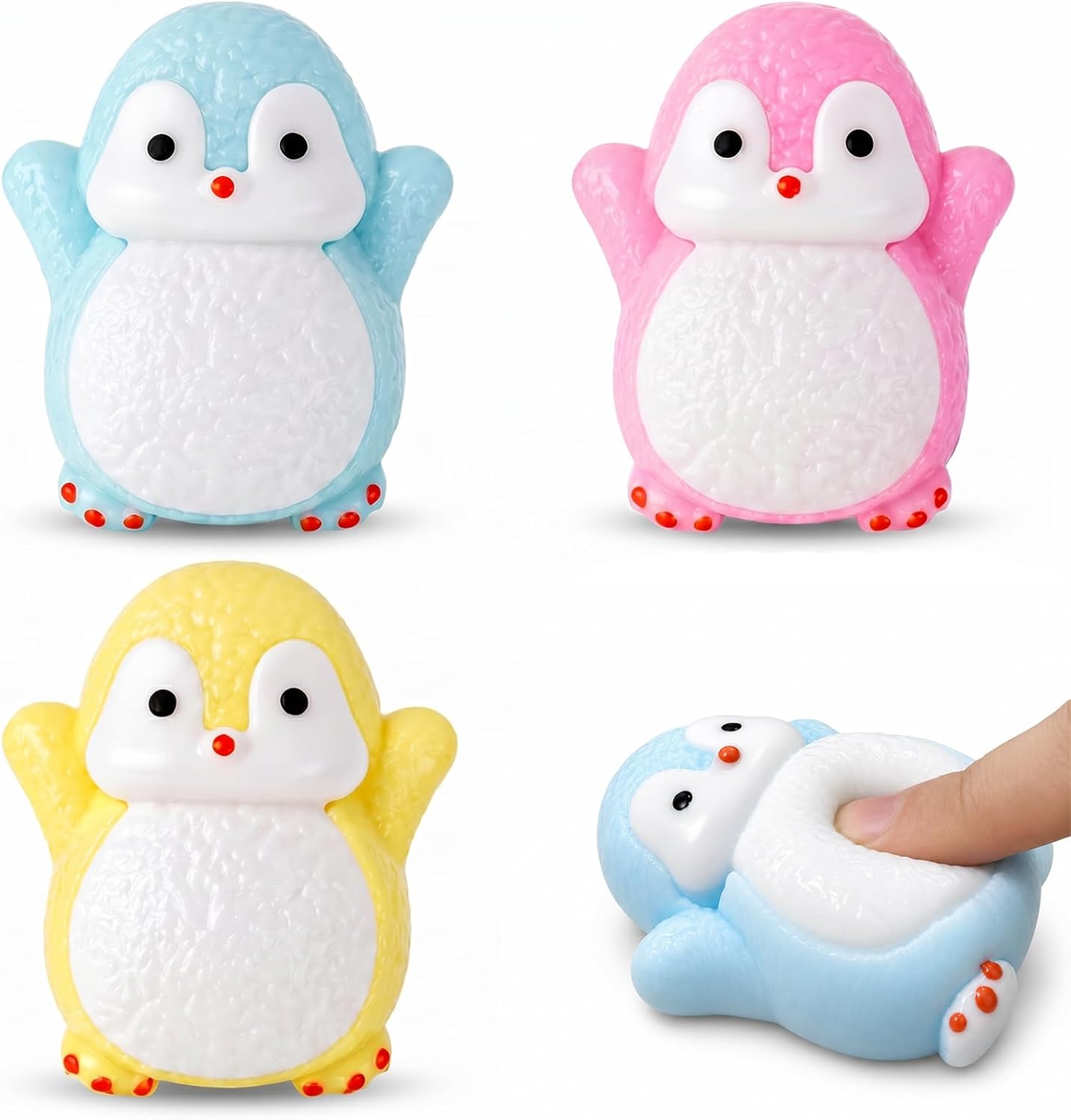 3 pack penguin squishy set blue pink yellow stress toy