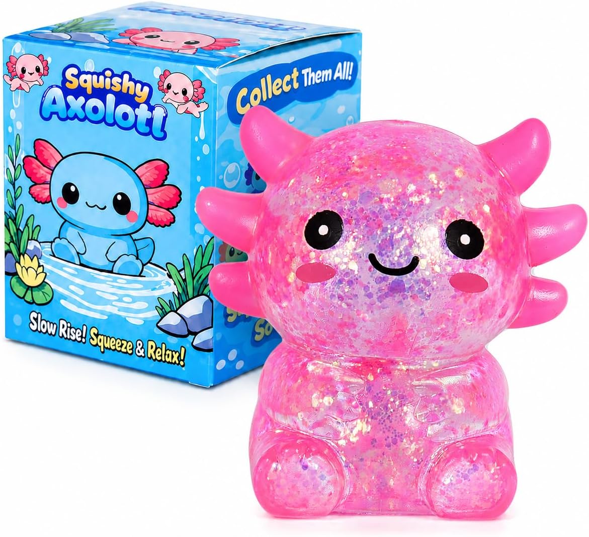 Seated pink glitter axolotl water bead squishy ball