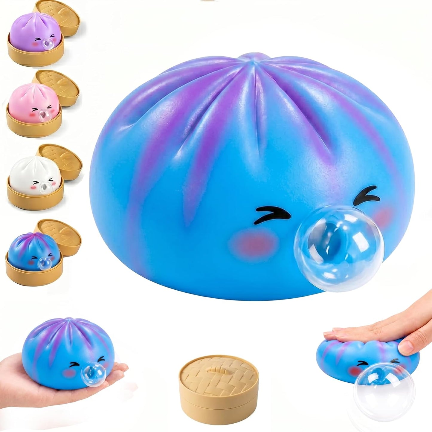 Galaxy blue and purple dumpling bubble squishy blowing a clear bubble