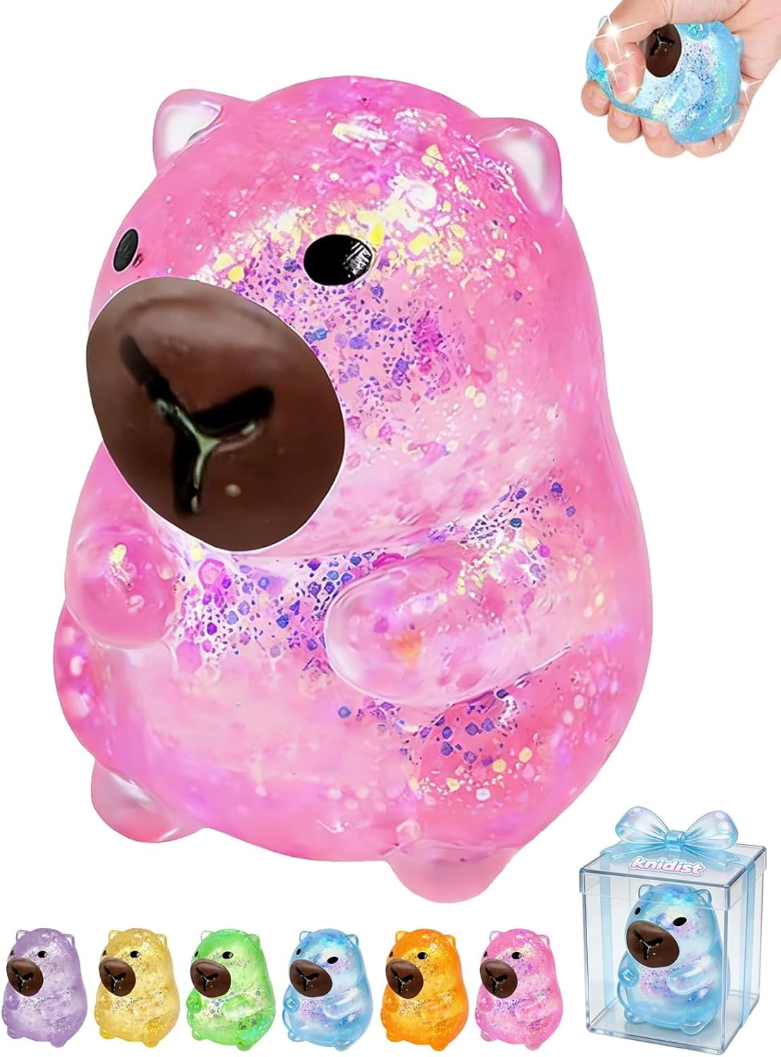 Pink glitter capybara squishy soft squeeze stress toy