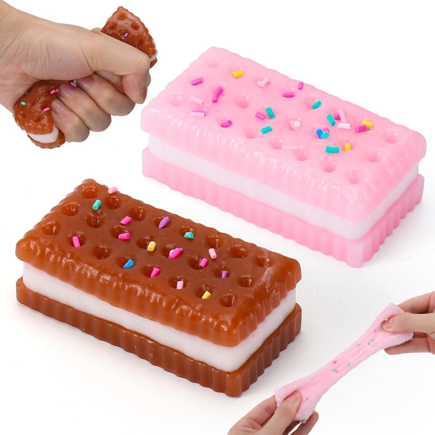 Pink and chocolate ice cream sandwich cookie squishy bars with sprinkles