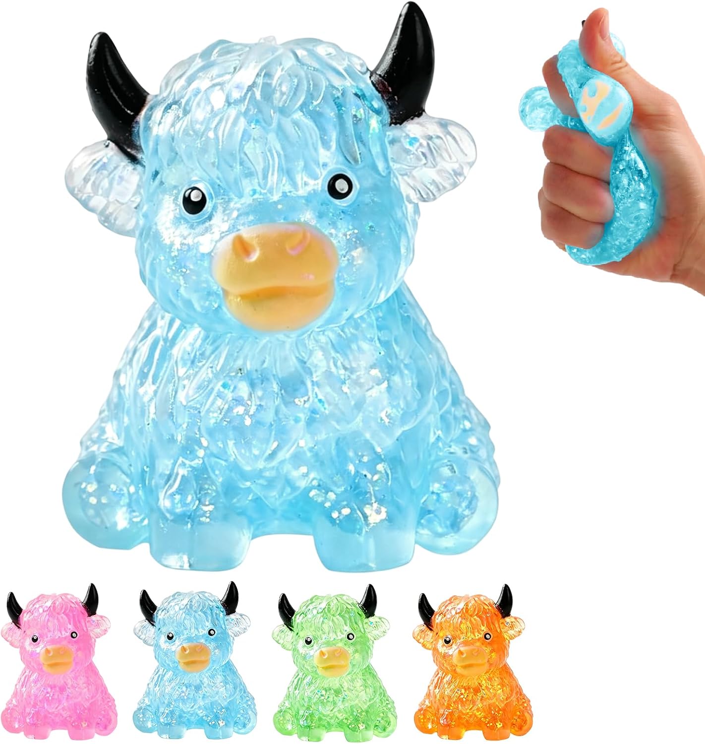 Crystal jelly blue bead filled highland cow squishy fidget toy