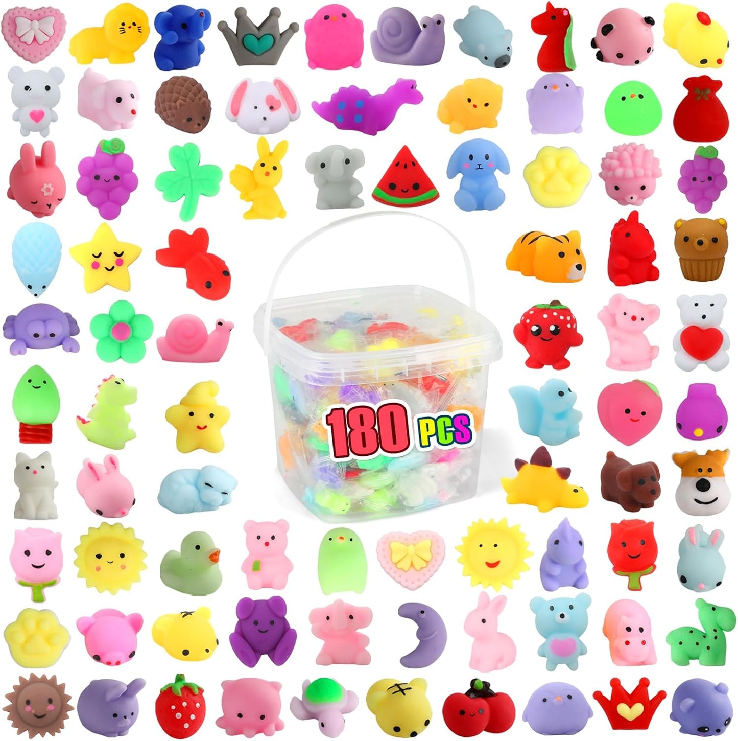 180 piece mini mochi egg squishy mix in a storage tub