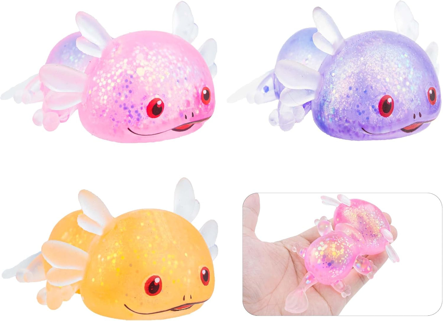 Three glitter axolotl gel ball squishy toys in pink purple and gold