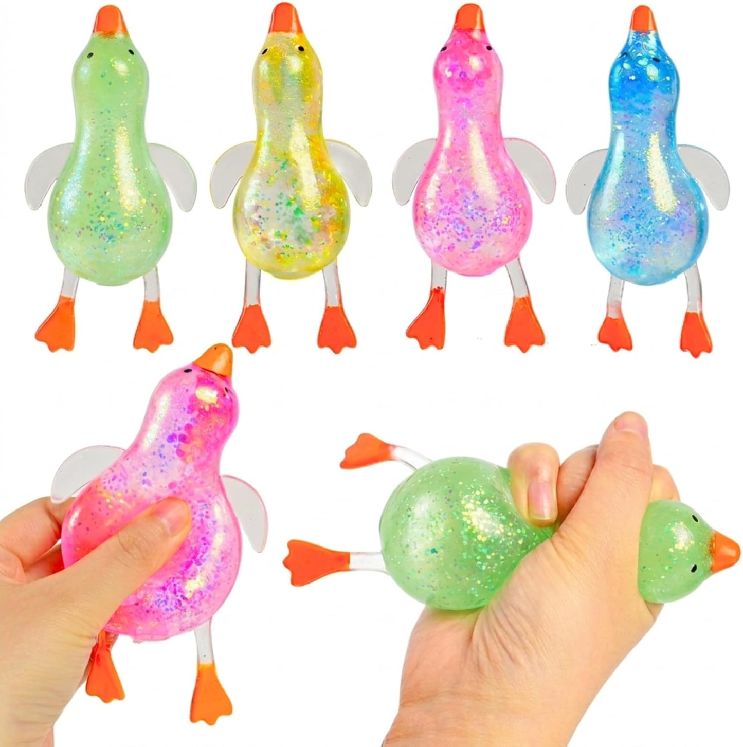 Four pack rainbow glitter duck squishy sensory bundle