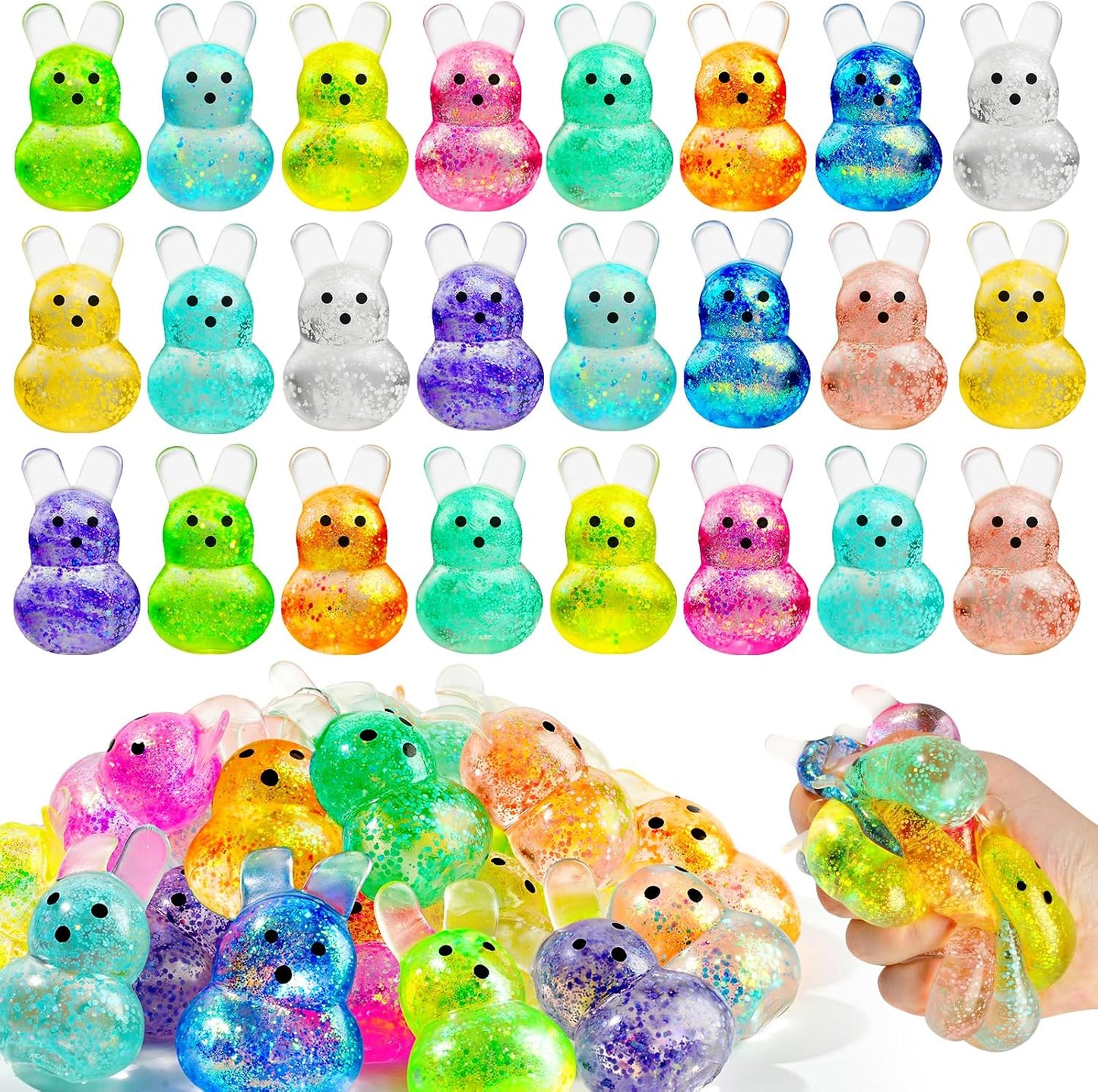 Bulk set of 24 glitter mochi bunny squishy toys in mixed colors