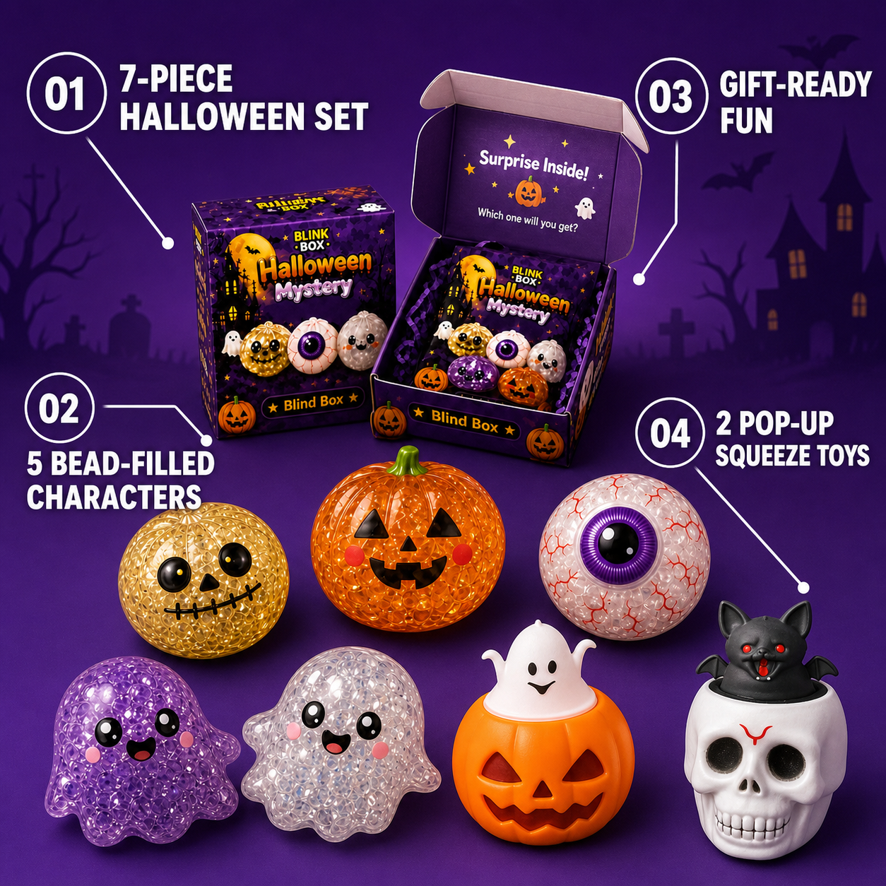 Halloween squishy 7-piece set features and included toys