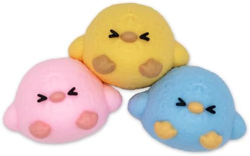 Mochi chick squishy trio in yellow pink and blue, soft squeeze toys