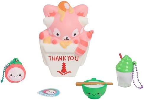 Red panda squishy sitting in a takeout box with small accessories