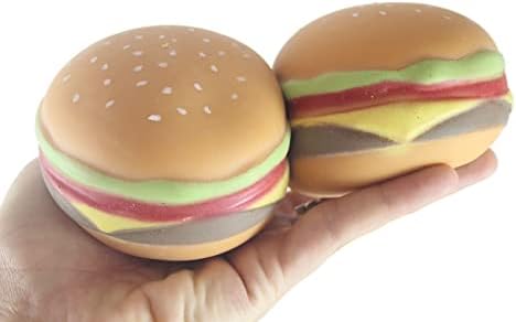 Two realistic hamburger squishy stress balls held in a hand