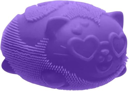 Purple fuzzy cat squishy ball with heart glasses, slow rising squeeze fidget toy