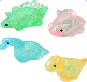 4 pack mini glitter bead dinosaur squishy squeeze toys