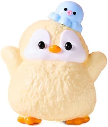 Yellow penguin squishy with a blue octopus sitting on top