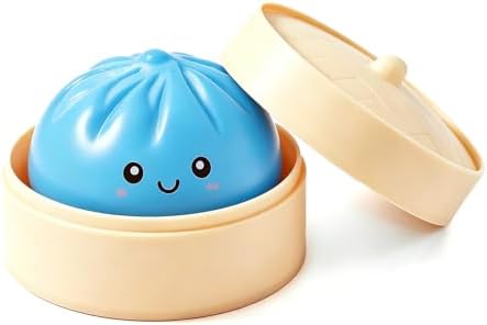 Blue dumpling squishy bao bun with smiley face in a mini steamer basket