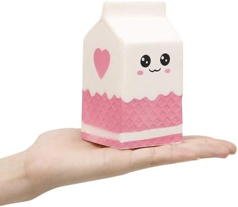Pink milk carton squishy with kawaii face and heart, slow rising stress toy