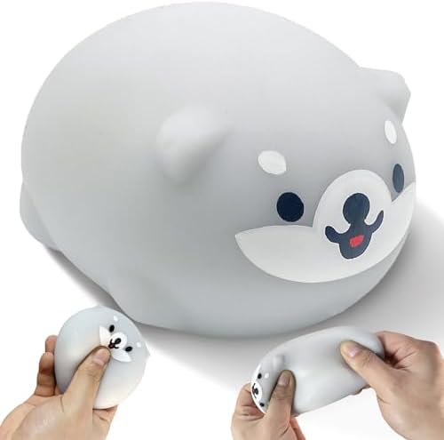 Chubby grey Shiba mochi dog squishy with happy face