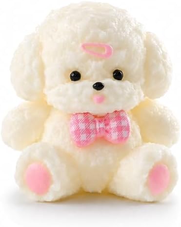 Cream poodle dog squishy with pink gingham bow