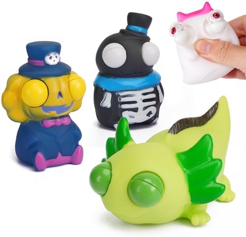 4 Halloween eyeball squishy squeeze toys, pumpkin skeleton and dragon
