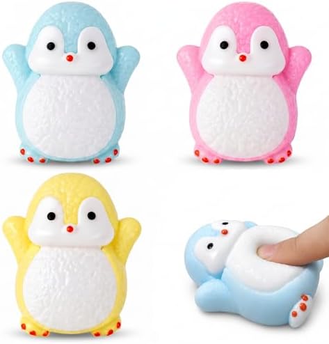 Penguin bubble squishy 3 pack in blue, pink and yellow blowing clear bubbles
