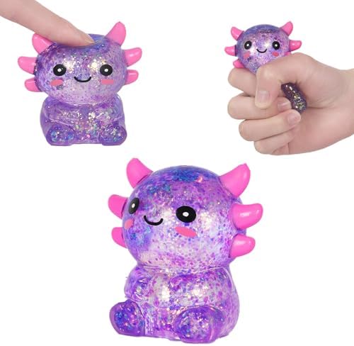Chunky purple axolotl squishy sitting glitter stress toy