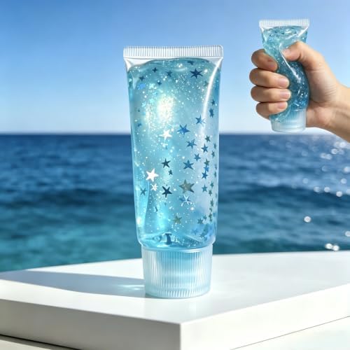 Blue glitter star squishy jam tube with silver stars