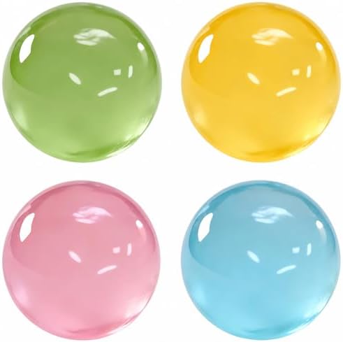 Four clear jelly squeeze balls in green yellow pink and blue
