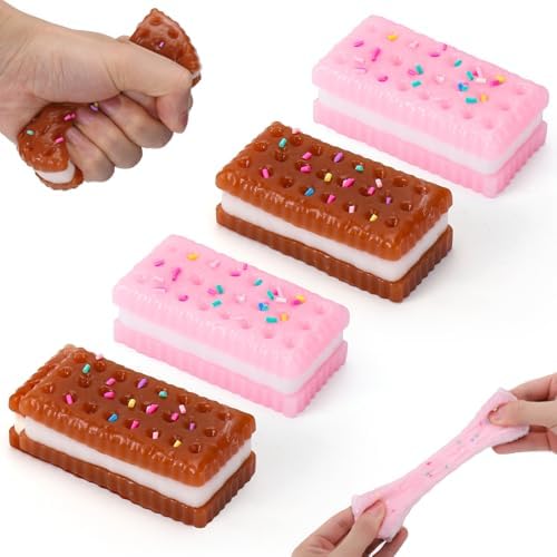 Four rectangular sandwich cookie squishy bars with sprinkles in pink and chocolate