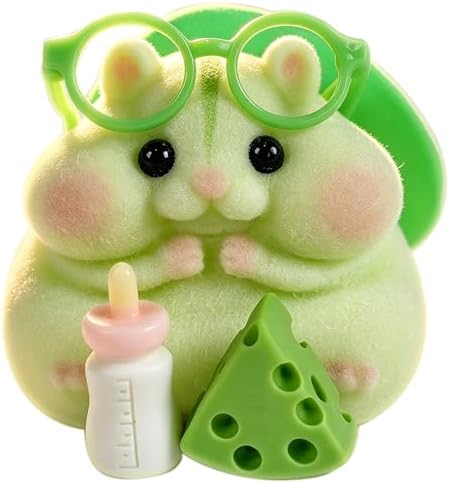 Green flocked hamster squishy with glasses, cheese and milk bottle