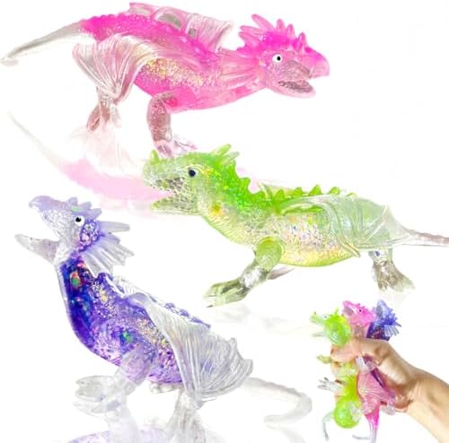 Mini glitter dragon squishy three pack in pink green and purple