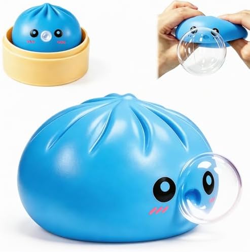 Blue steamed bun bubble squishy blowing a clear bubble with bamboo steamer