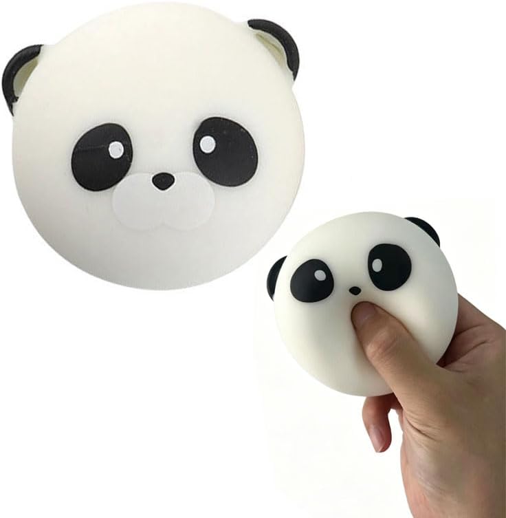 Round panda squishy ball with a hand squeezing a smaller one
