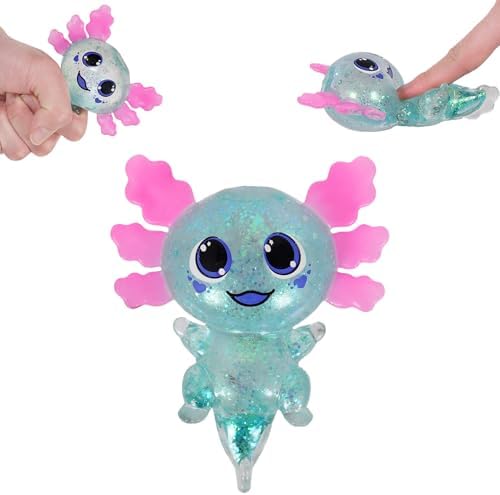 Teal glitter axolotl squishy stress ball