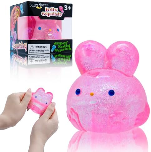 Pink glitter kawaii jelly bunny squishy with ears up