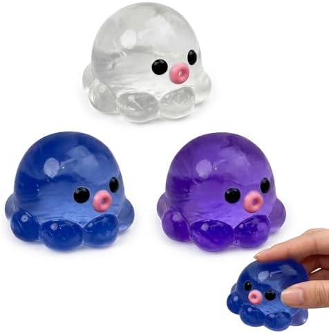 Three mini mochi octopus squishies in clear, blue and purple