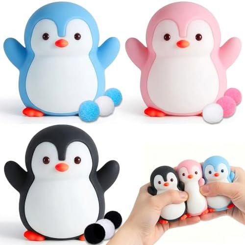 Penguin squishy 3 pack with pom pom tails squeeze toys