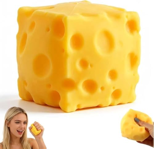 Cute yellow cheese squishy cube held in hand on white