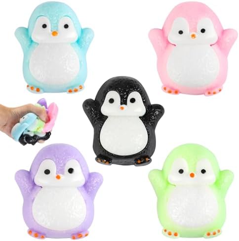 Penguin squishy 5 pack glitter squeeze stress ball set