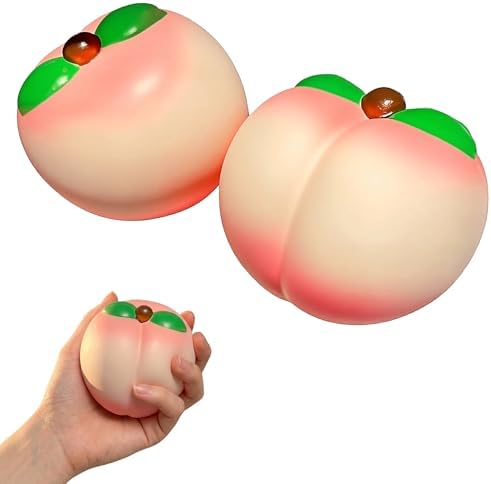Realistic peach squishy 2 pack with green leaves, slow rising fruit squeeze toy