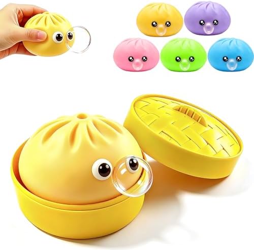 Yellow bao bun bubble squishy with googly eyes and bamboo steamer